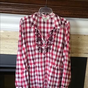 Embroidered long sleeve checked blouse
